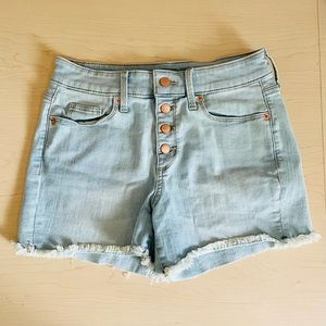 High Rise White Washed Denim Shorts | Size 4/27 | Rose Gold Button | Frayed Hem
